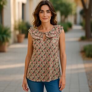 Liberty of London Floral Ruffle Sleeveless Blouse Women Sm Coquette Boho Beach
